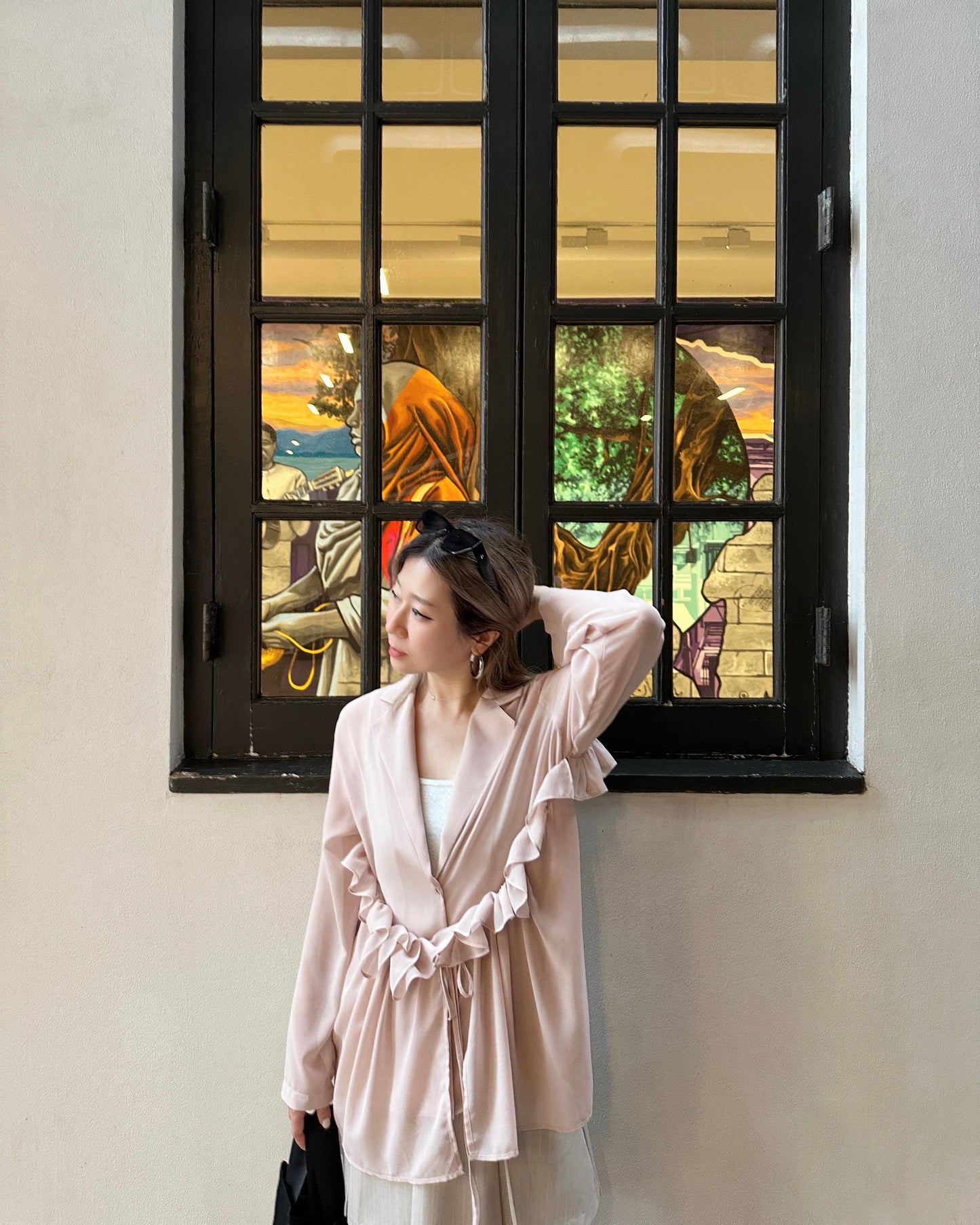 aalis LUA ruffle detail tie on the waist chiffon shirt blazer (Nude)