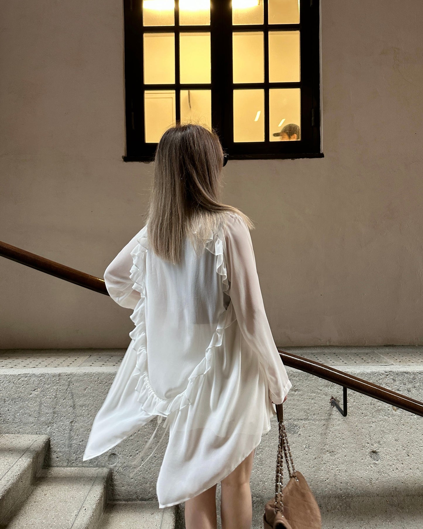 [Flash Promotion] aalis LUA ruffle detail tie on the waist chiffon shirt blazer (White)