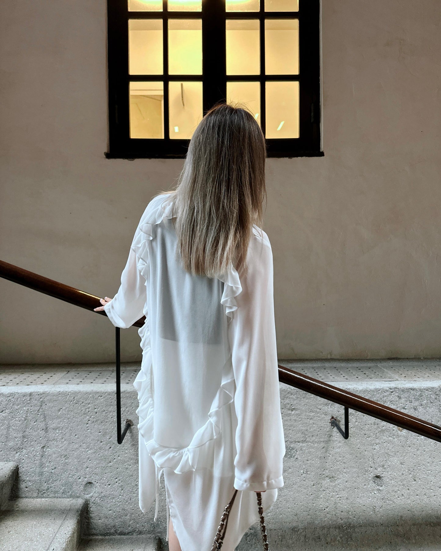 [Flash Promotion] aalis LUA ruffle detail tie on the waist chiffon shirt blazer (White)
