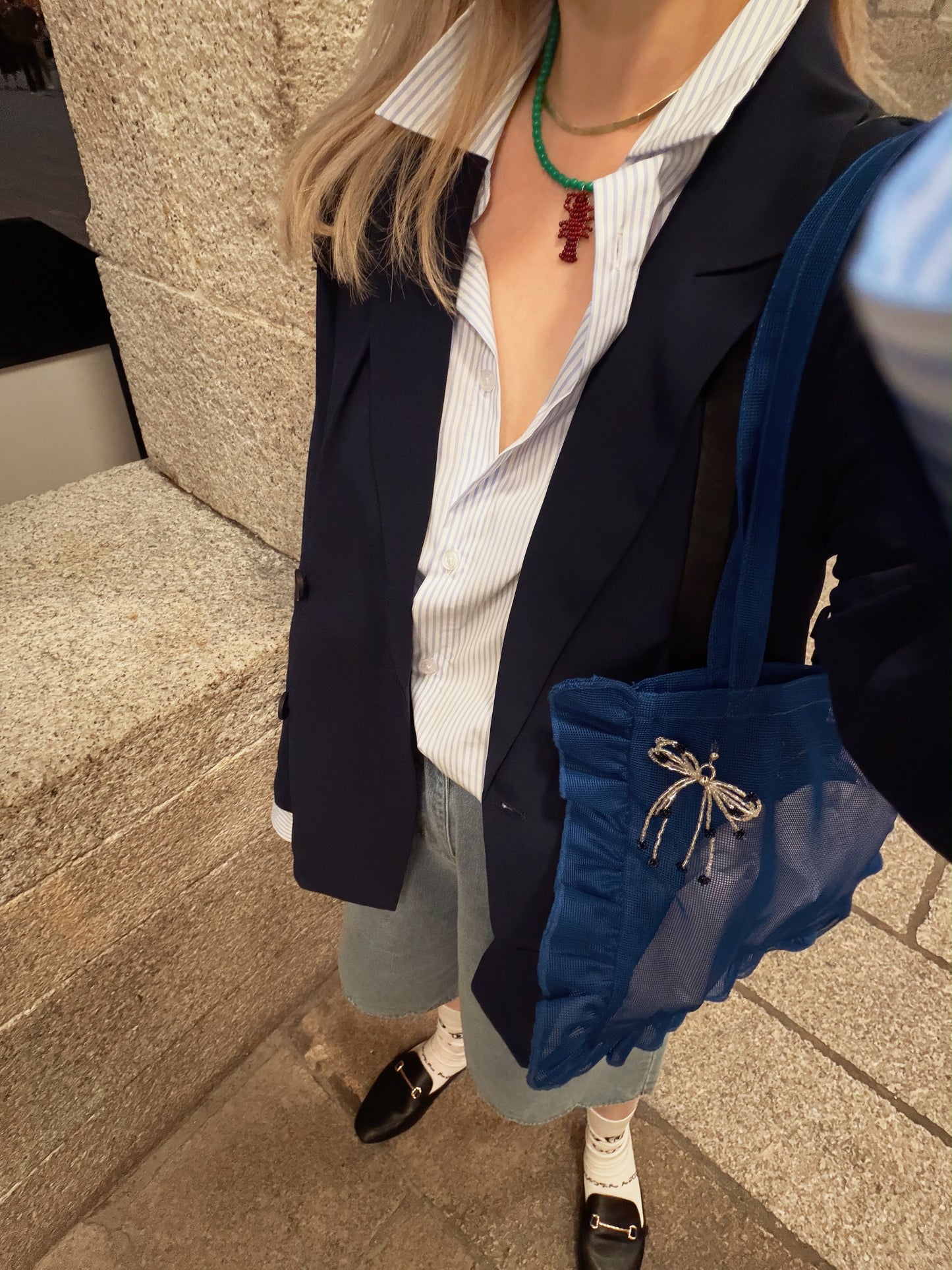 aalis LOVA lace chiffon panel shirt (Blue Stripe)