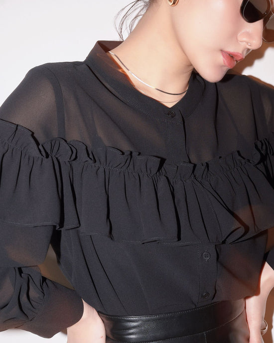 aalis SUKA ruffle front button down chiffon shirt (Black)