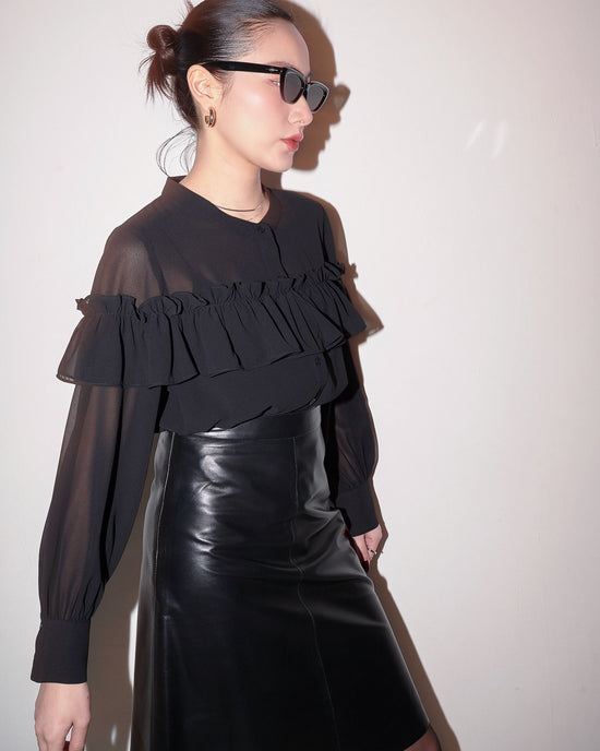 aalis SUKA ruffle front button down chiffon shirt (Black)