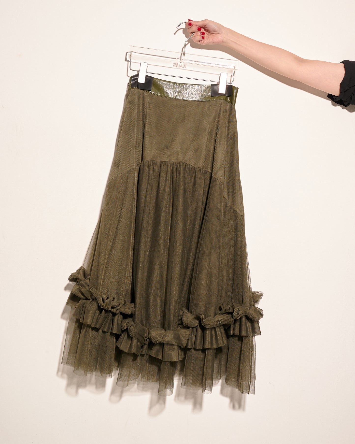 aalis LAVIA Faux leather waist mesh skirt (Dark khaki)