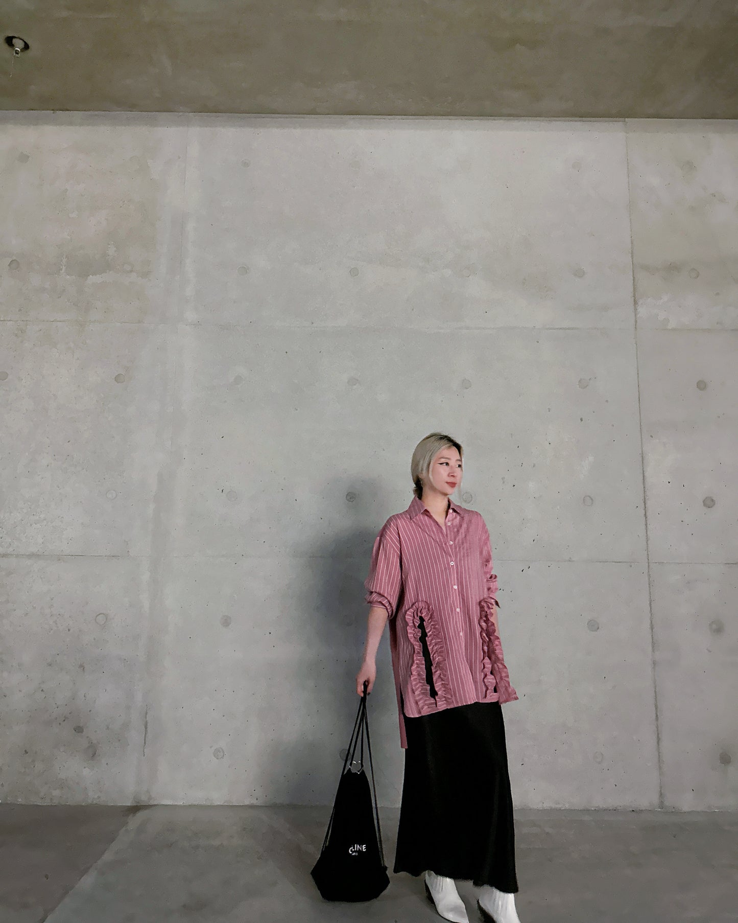 aalis PARRY FW25 ruffle U shape trimming shirt (Rose Pink stripe)