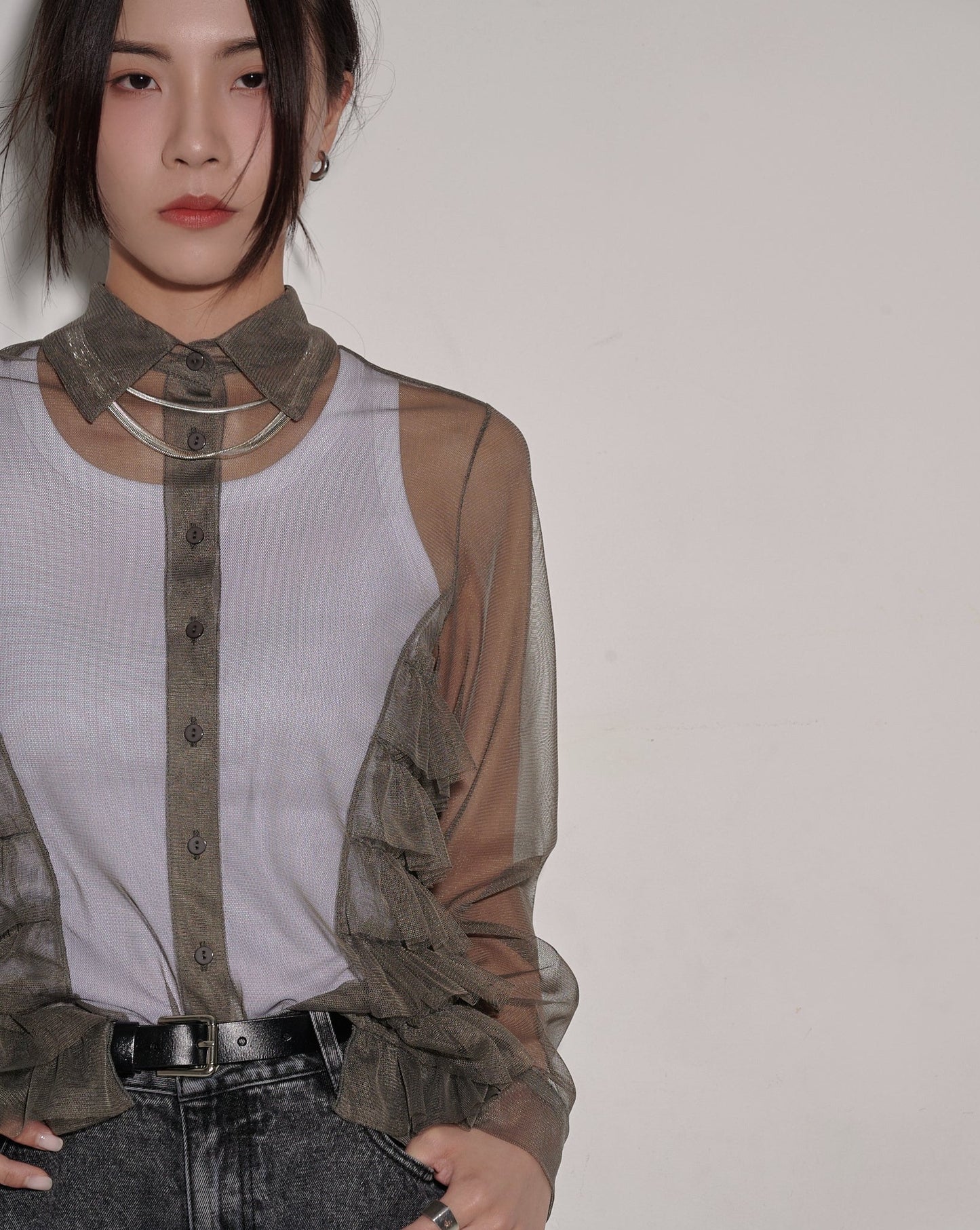 aalis SONGA tiered detail mesh shirt (Charcoal mesh)