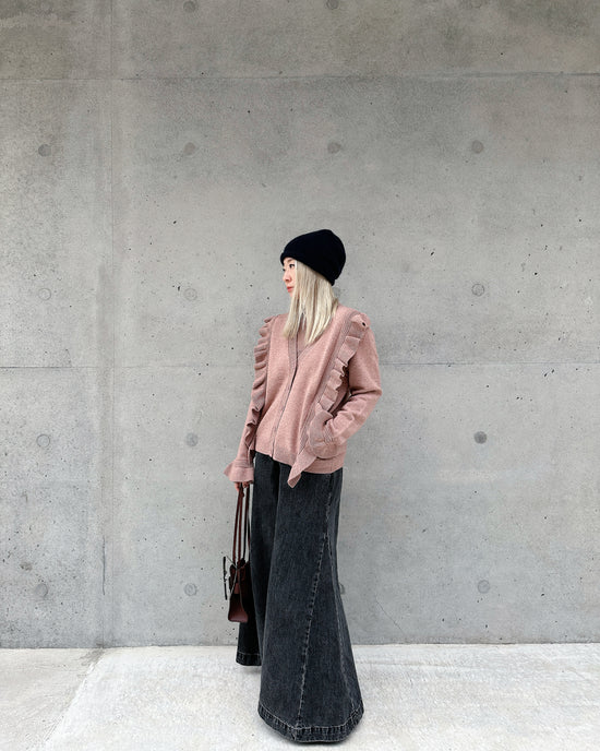 aalis SHINO side cascade ruffle V neck cardigan (Dusty Pink)