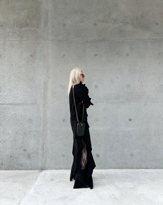 aalis SHINO side cascade ruffle V neck cardigan (Black)