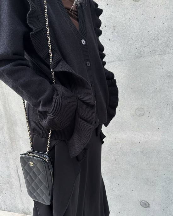 aalis SHINO side cascade ruffle V neck cardigan (Black)