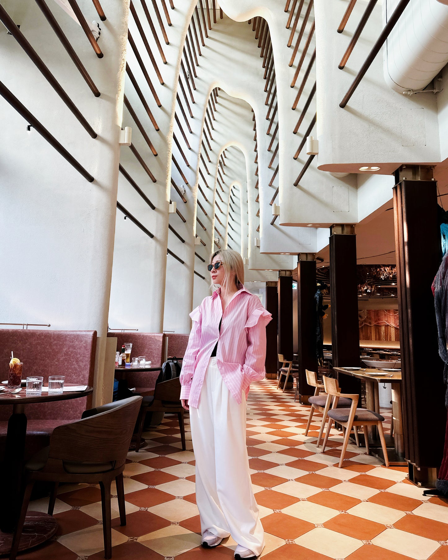 aalis TORIN ruffle shoulder detail striped shirt (Pink)