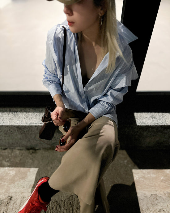 aalis TORIN ruffle shoulder detail striped shirt (Blue)