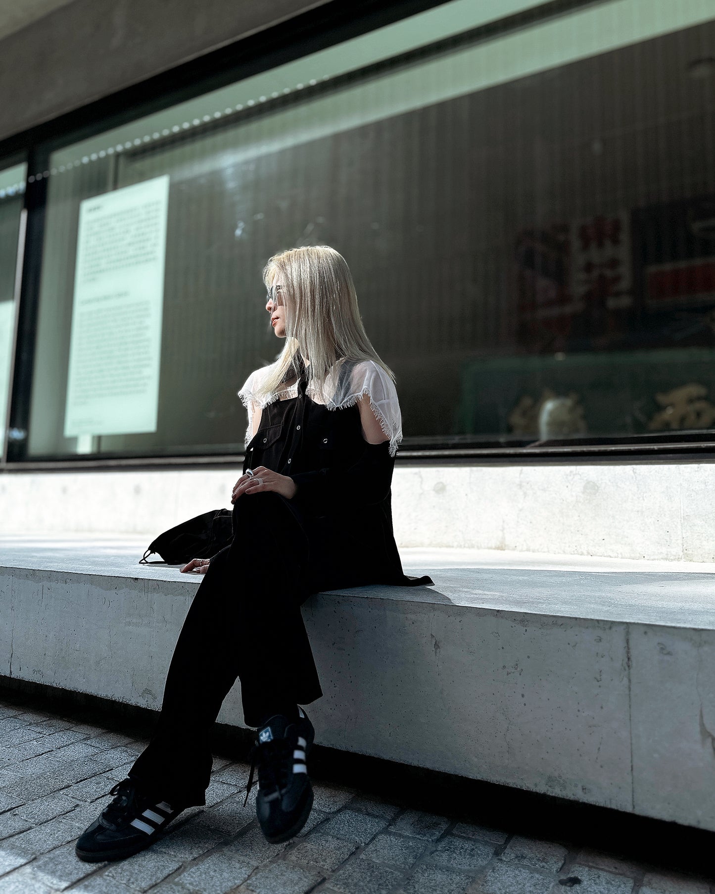 aalis REESE MESH cape panel on shoulder oversized shirt (Black Mix)