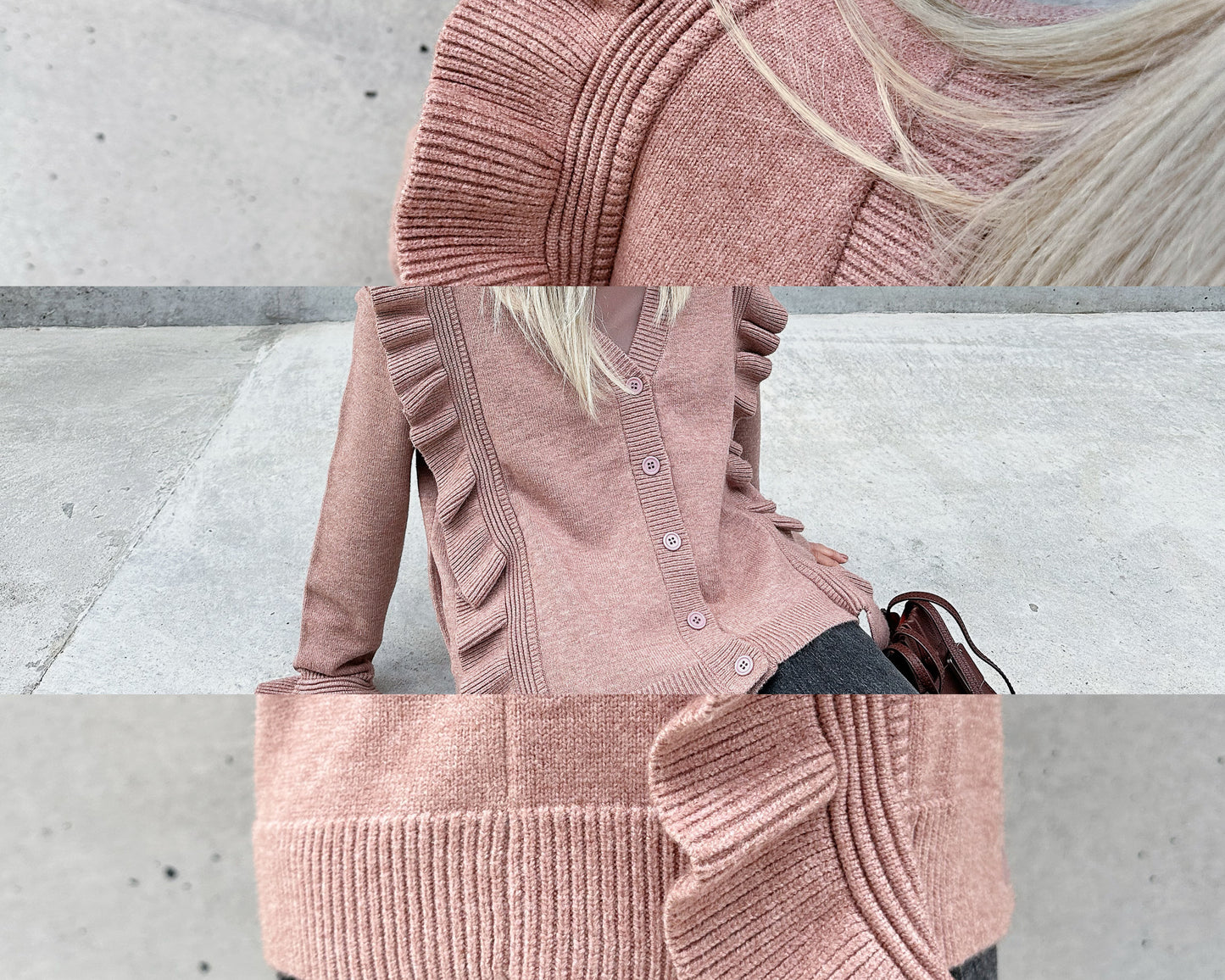 aalis SHINO side cascade ruffle V neck cardigan (Dusty Pink)