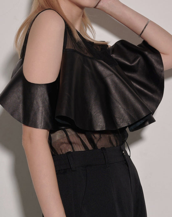 aalis JODIE cold shoulder leather ruffle detail mesh top (Black)
