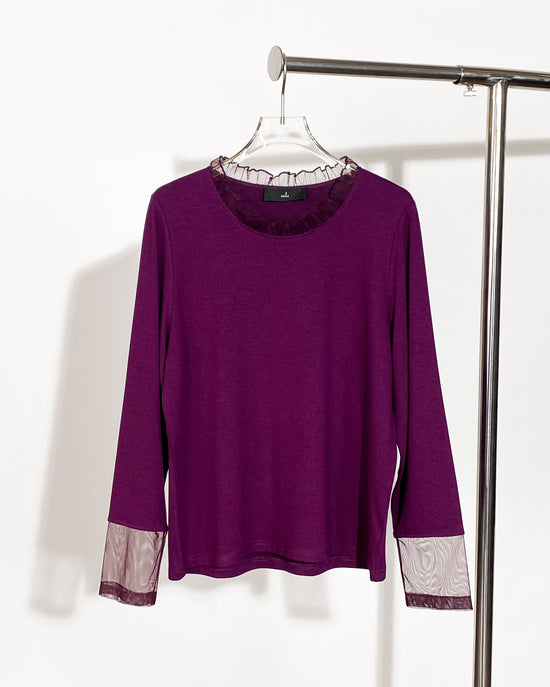 aalis LEVEN mesh ruffle stand collar L/S top (Plum)