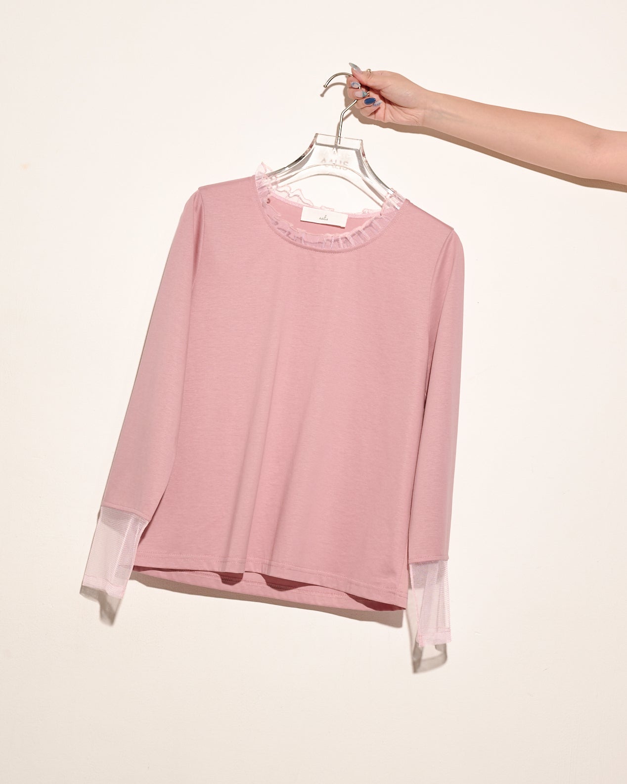 aalis LEVEN P2 mesh ruffle stand collar L/S top (Pink)