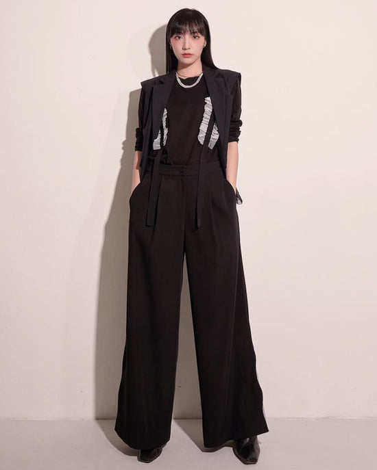 aalis KACE scallop hem mesh detail wide leg pants (Black)