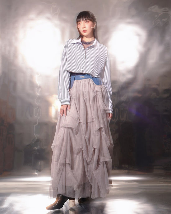 aalis EKA Gathered detail denim waist mesh skirt (Blue denim)