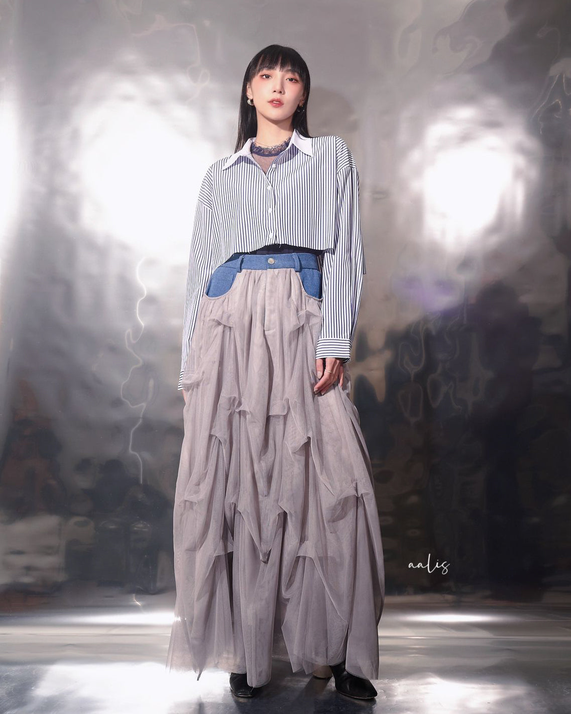 aalis EKA Gathered detail denim waist mesh skirt (Blue denim)