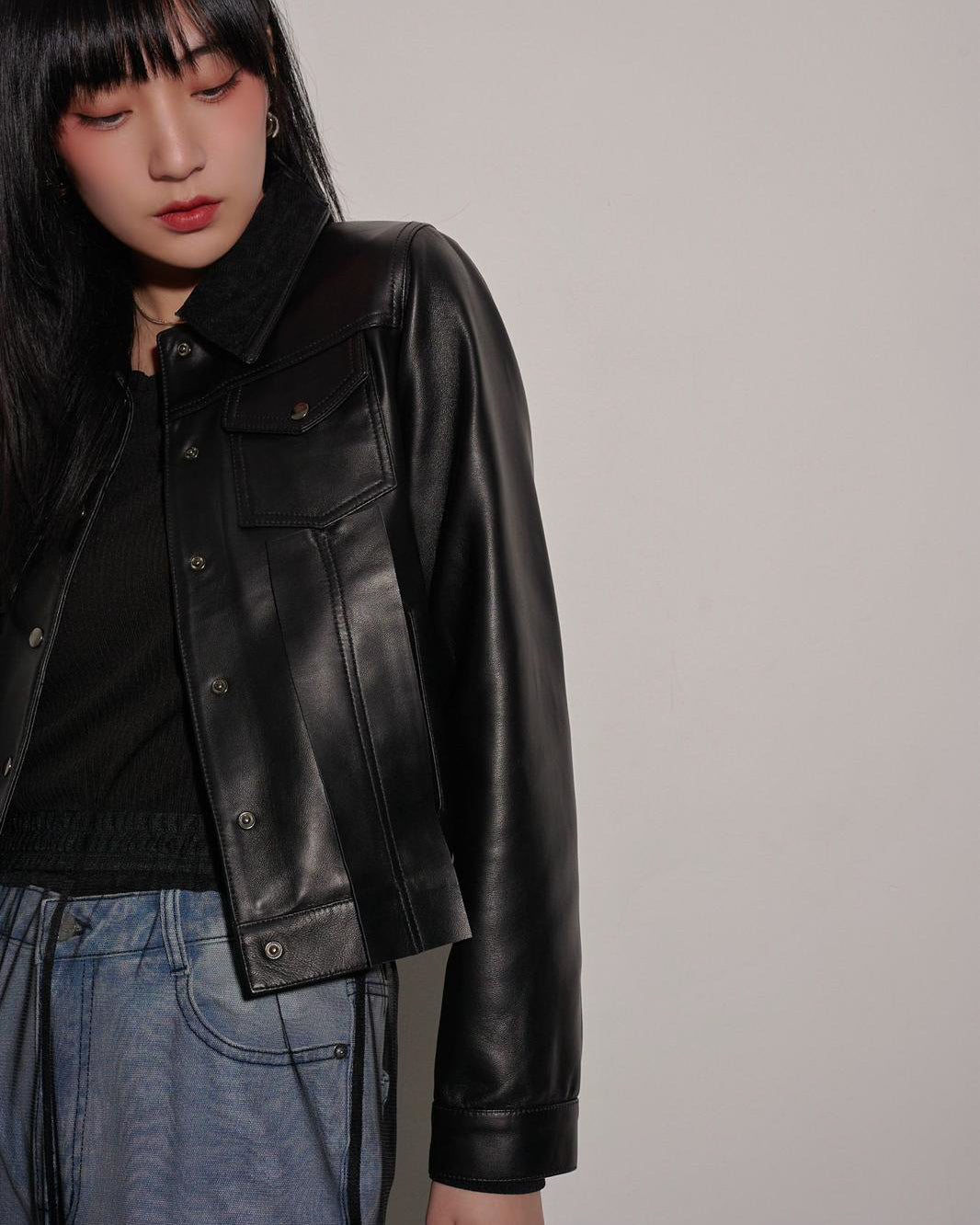 aalis PERTH mesh collar leather jacket (Black)