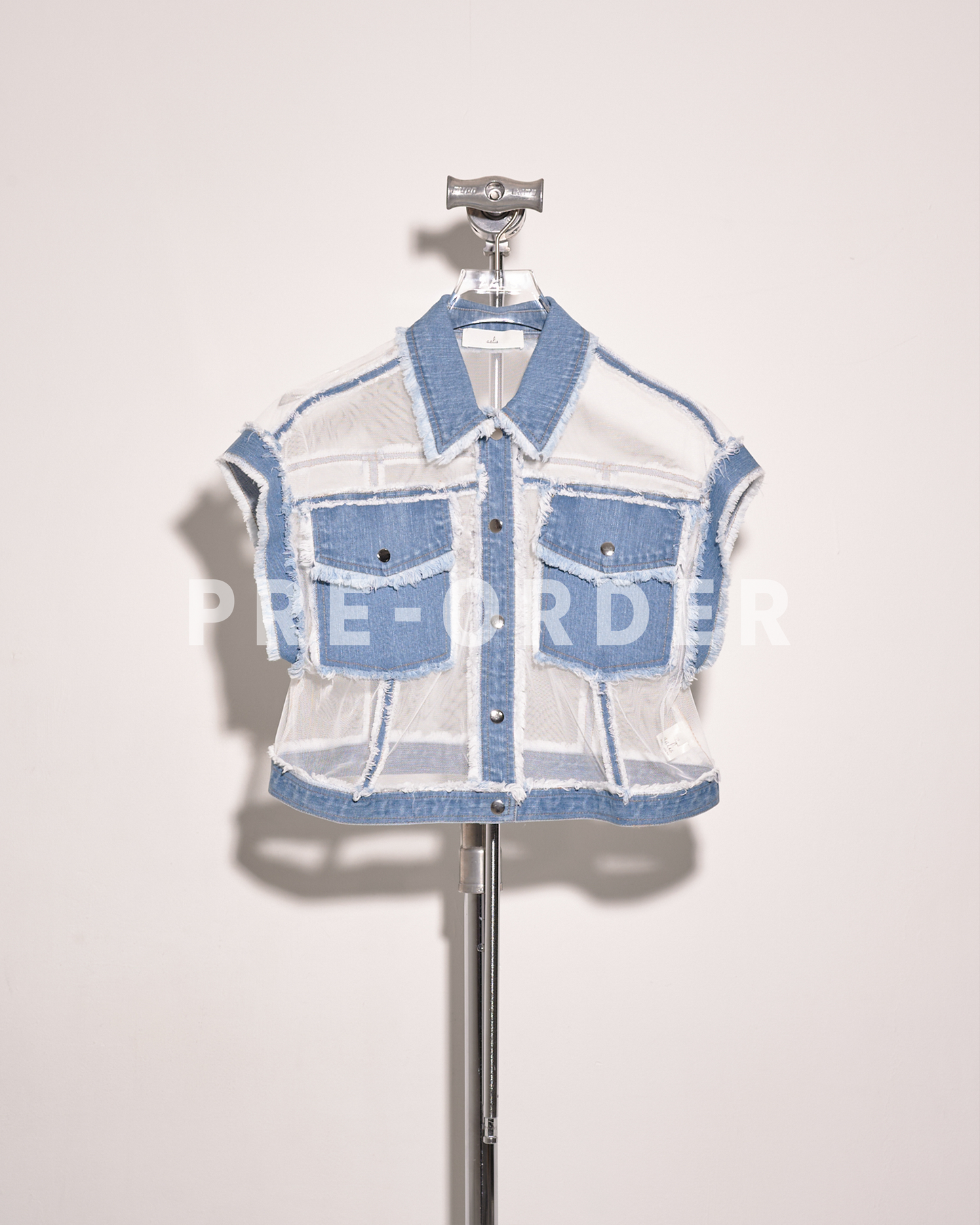 (Pre-order) aalis KYRA mesh details denim SS jacket (Blue denim)
