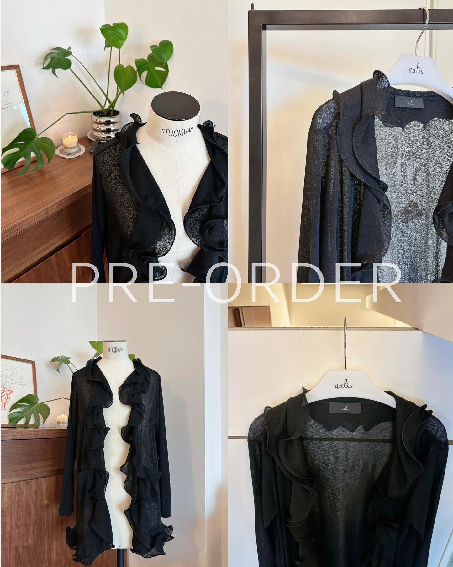 (Pre-order) aalis RINON cascade ruffle front long cardigan (Black)