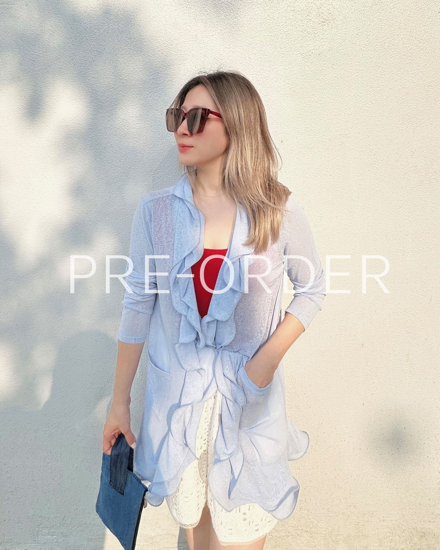 (Pre-order) aalis RINON cascade ruffle front long cardigan (Lt Blue)