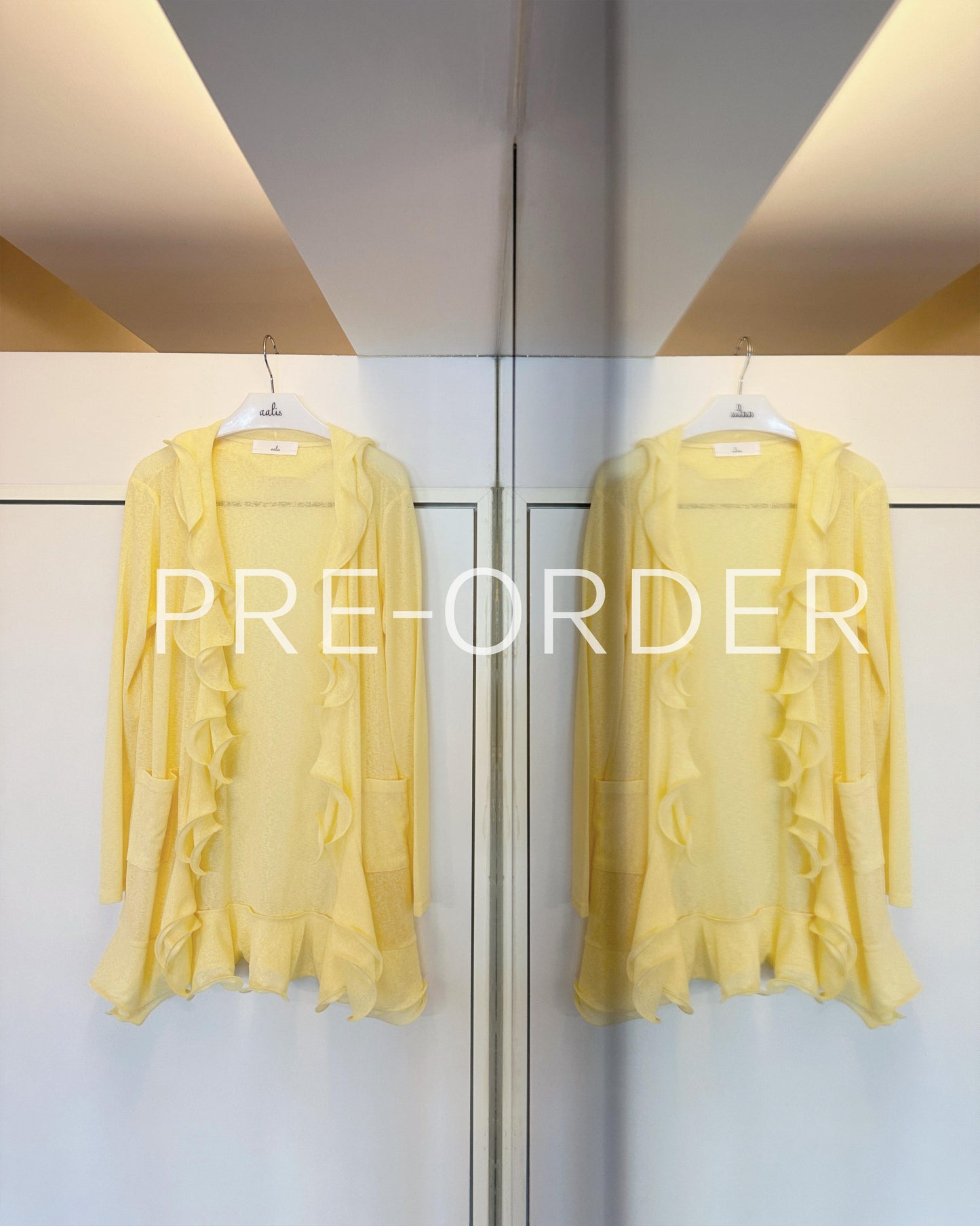 (Pre-order) aalis RINON cascade ruffle front long cardigan (Lt Yellow)