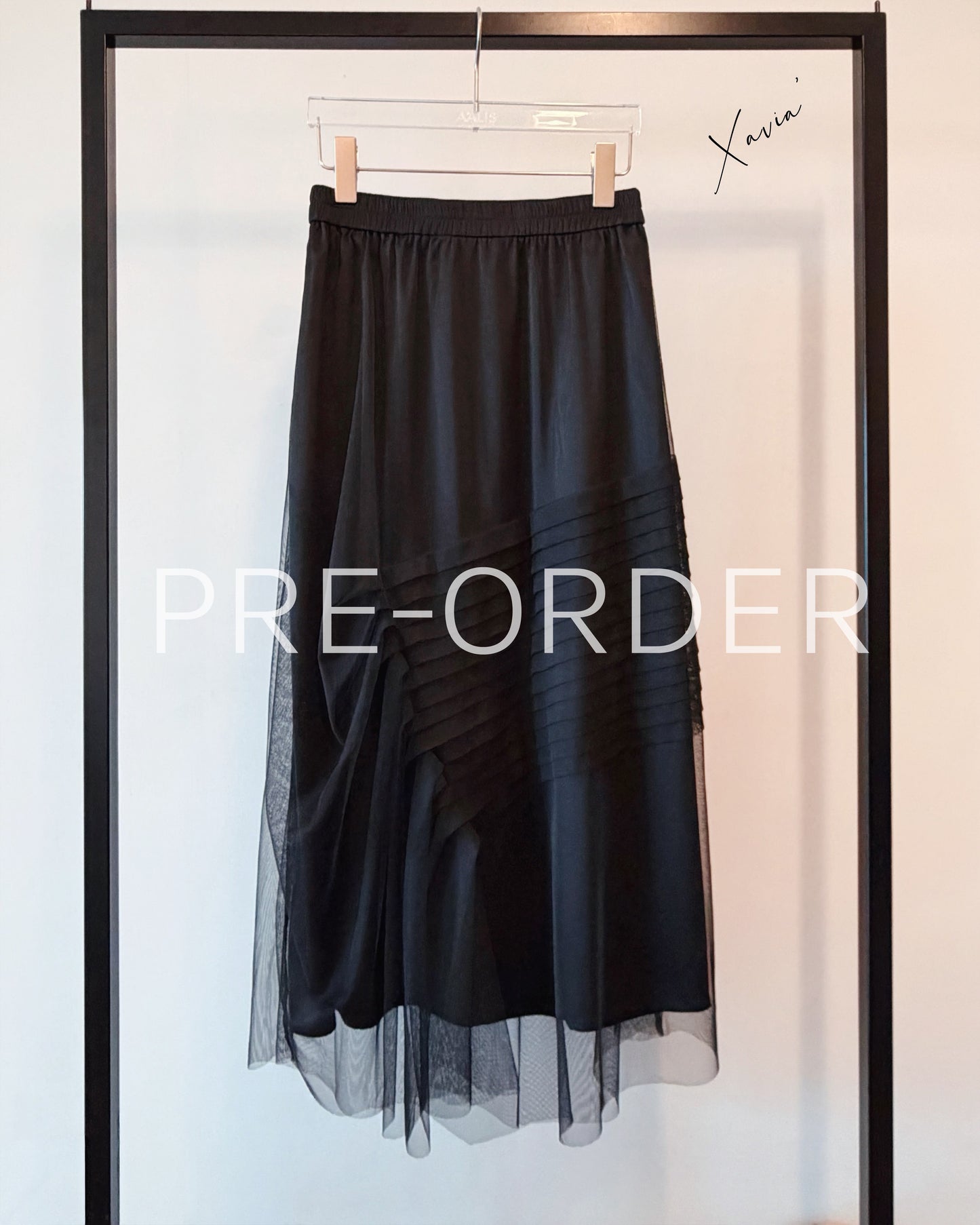 (Pre-order) aalis XAVIA pleated detail asymmetric mesh midi skirt (Black)