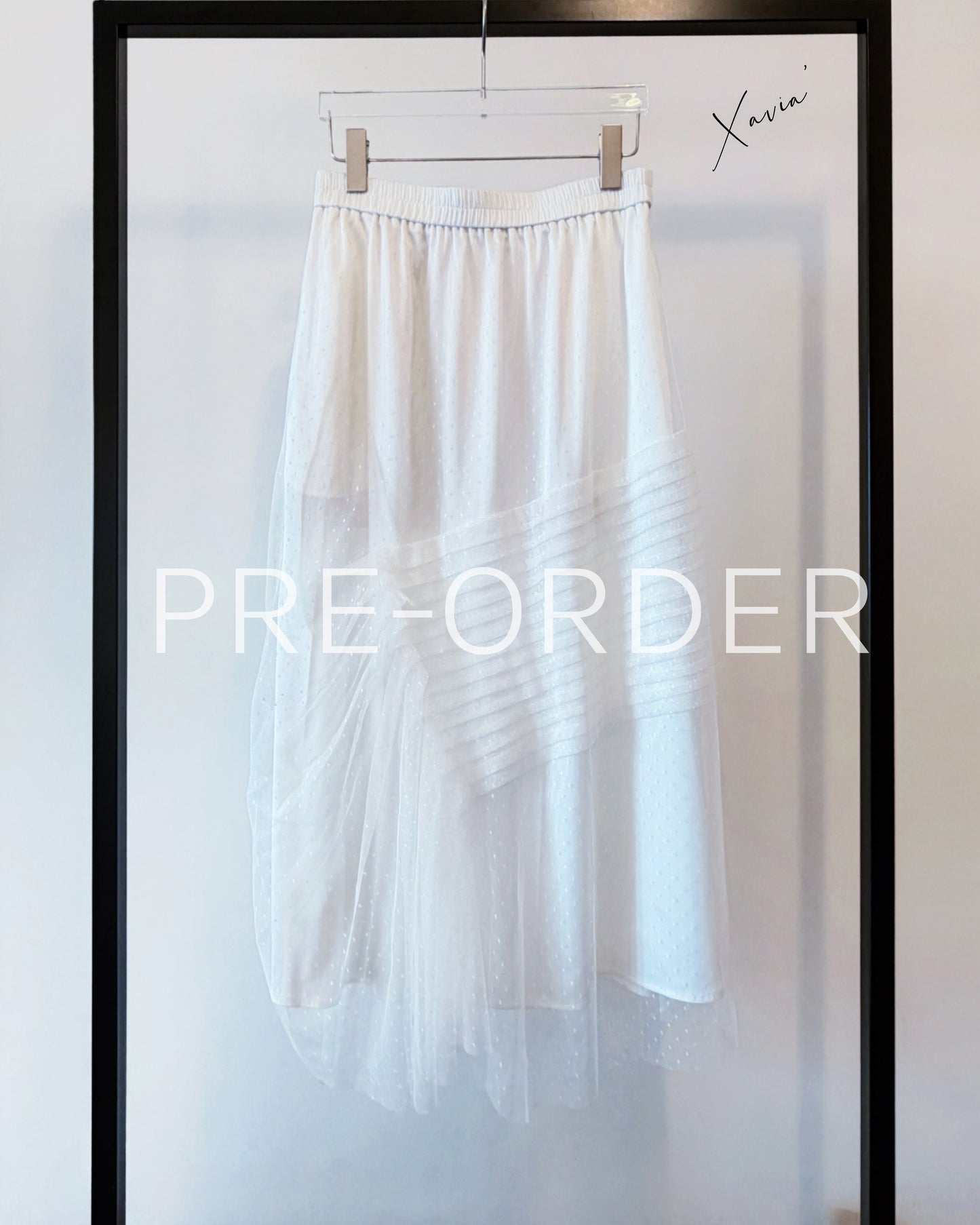 (Pre-order) aalis XAVIA pleated detail asymmetric mesh midi skirt (White)