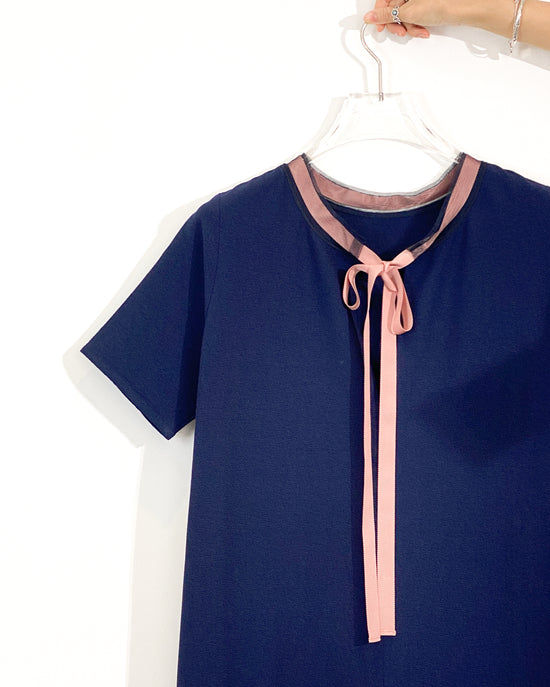aalis KEMI mesh collar grosgrain ribbon tie on the back bias cut dress (Navy)