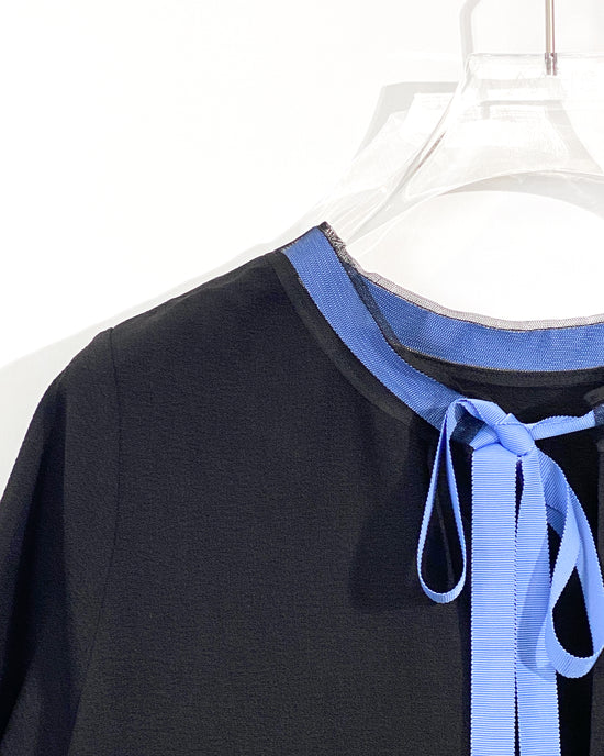 aalis KEMI mesh collar grosgrain ribbon tie on the back bias cut dress (Black)