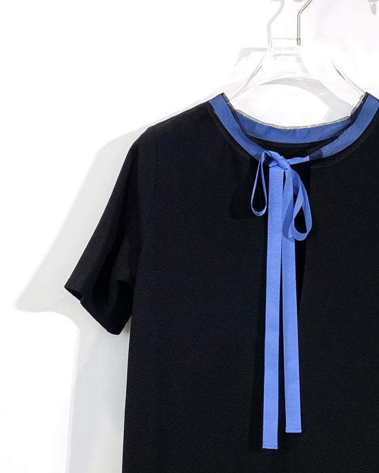 aalis KEMI mesh collar grosgrain ribbon tie on the back bias cut dress (Black)