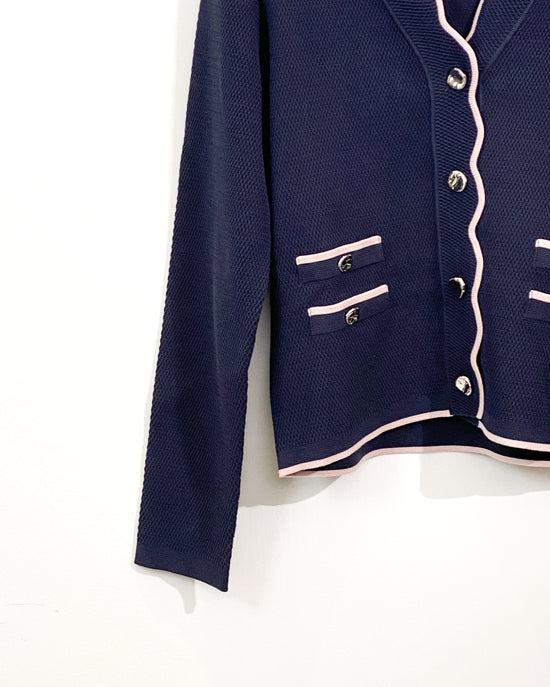 aalis MAG FW25 scallop edge color blocking 4 pockets cardigan (Navy mix)