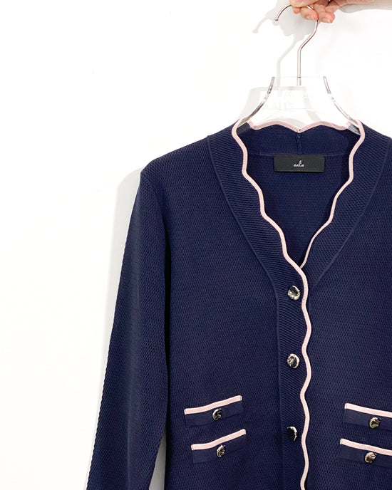 aalis MAG FW25 scallop edge color blocking 4 pockets cardigan (Navy mix)