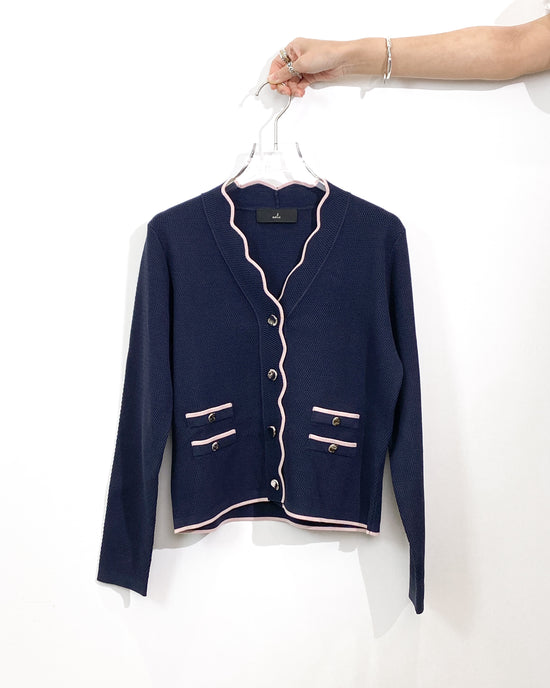 aalis MAG FW25 scallop edge color blocking 4 pockets cardigan (Navy mix)
