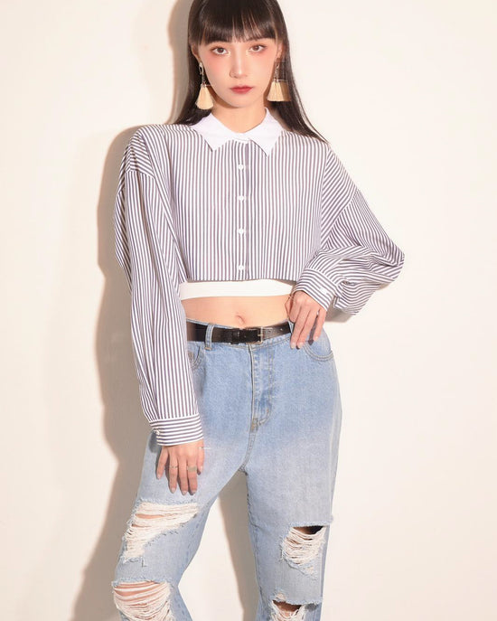 aalis RIA cropped L/S shirt (Blue stripe)