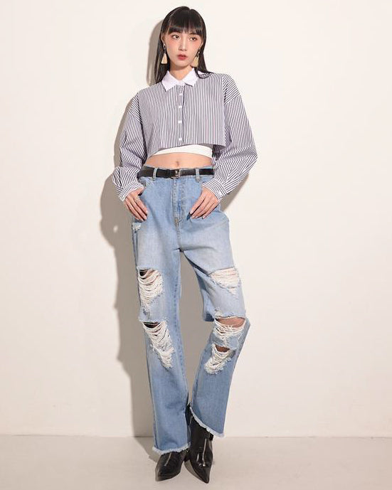 aalis RIA cropped L/S shirt (Blue stripe)