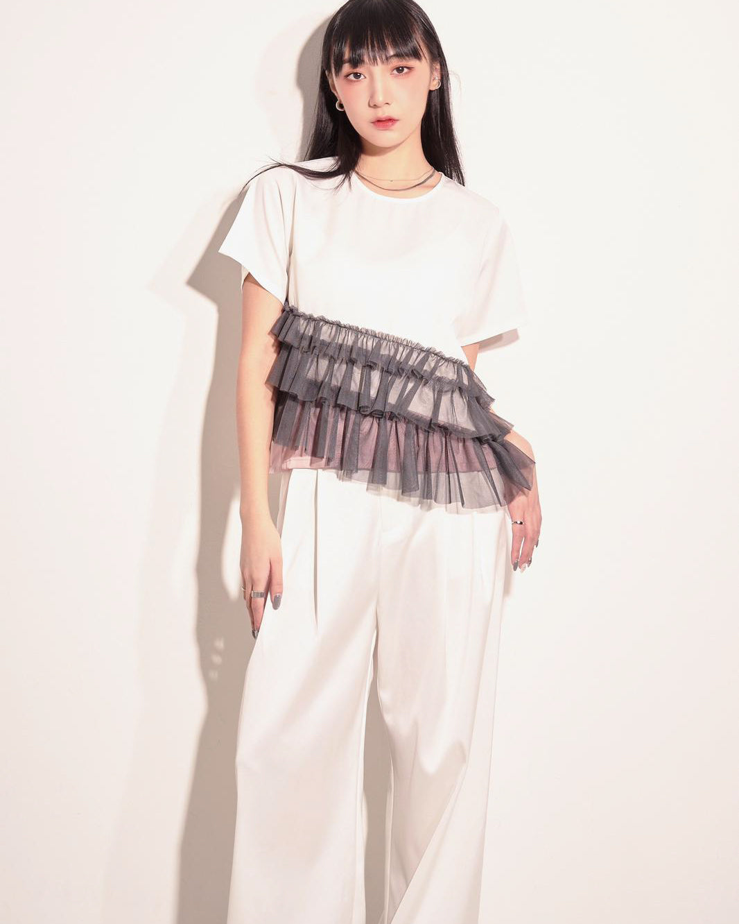 aalis NIKA pleated mesh tier s/s top (White mix)