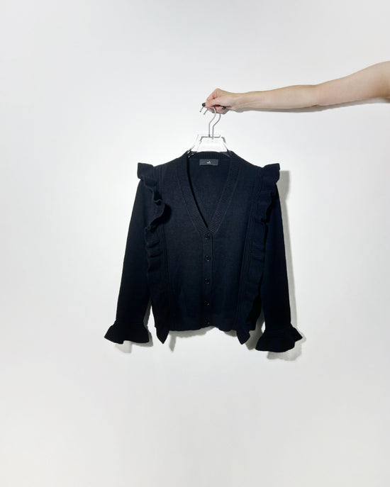 aalis SHINO side cascade ruffle V neck cardigan (Black)