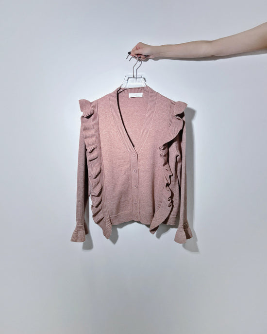 aalis SHINO side cascade ruffle V neck cardigan (Dusty Pink)
