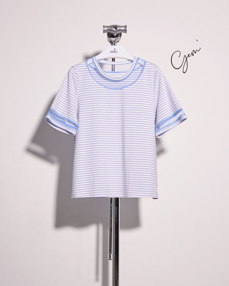 【预购】 aalis GEM 网纱袖口短袖 T 恤（蓝色条纹）
