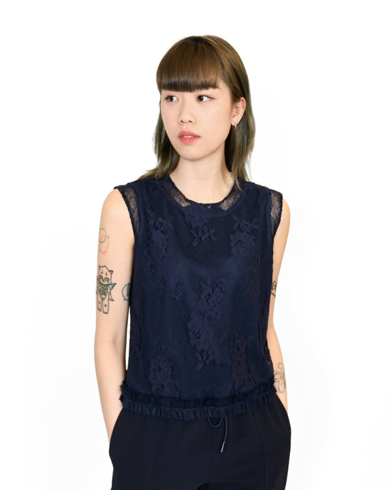 Load image into Gallery viewer, aalis YEE mesh trimmed  cropped lace tank (Blue)
