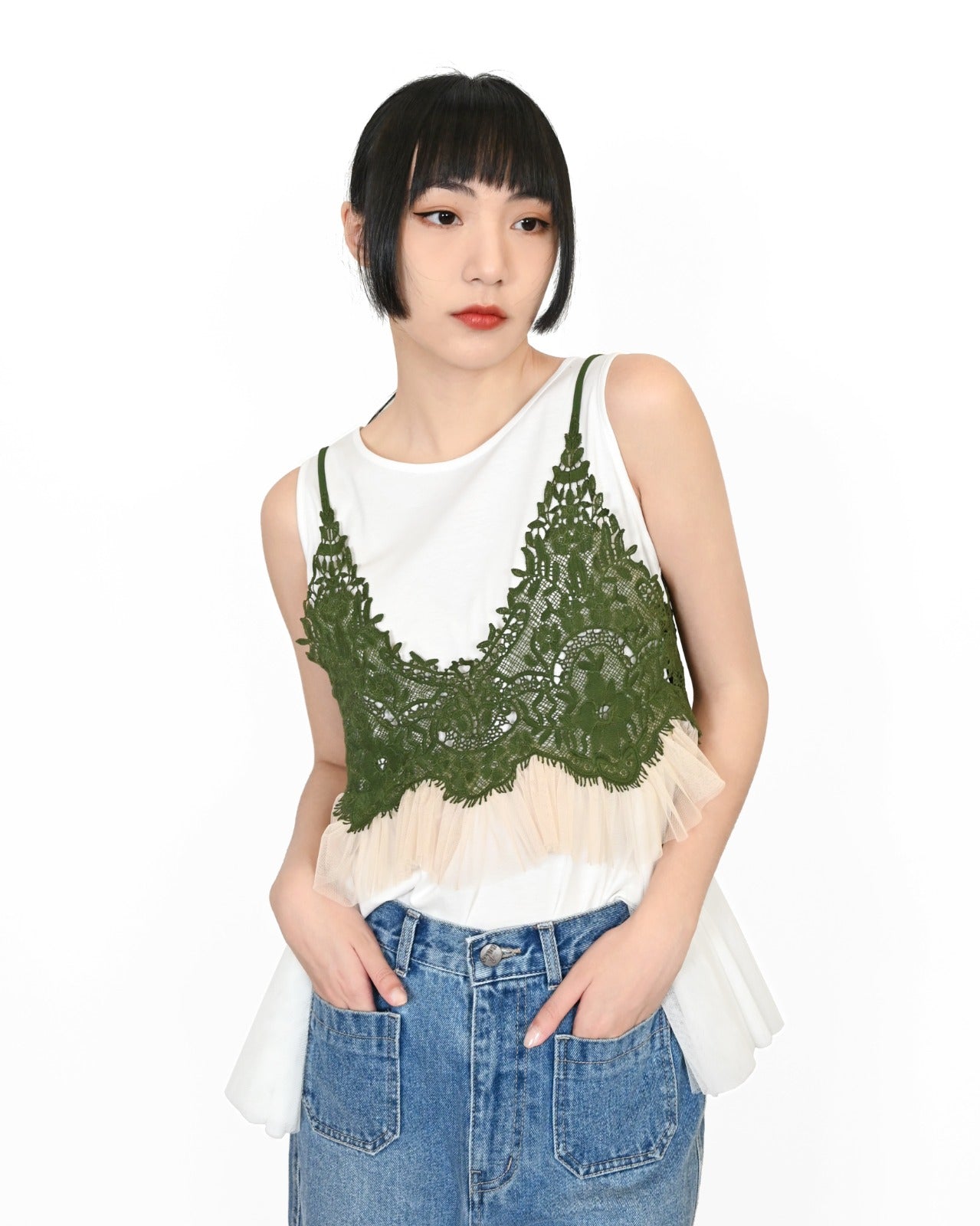 aalis SAVA crochet lace and tulle camisole (Green)