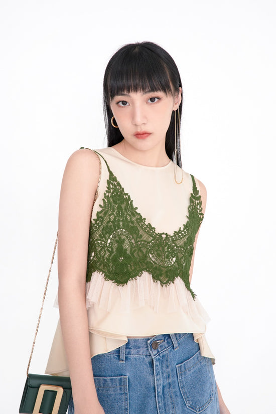 Load image into Gallery viewer, aalis SAVA crochet lace and tulle camisole (Green)
