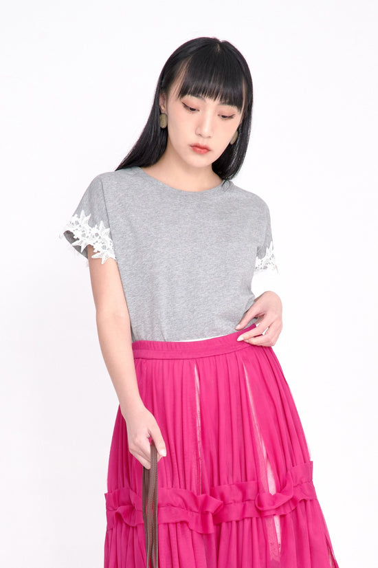 Load image into Gallery viewer, aalis KIO Batwing lace trim on sleeves Tee (Heather grey)
