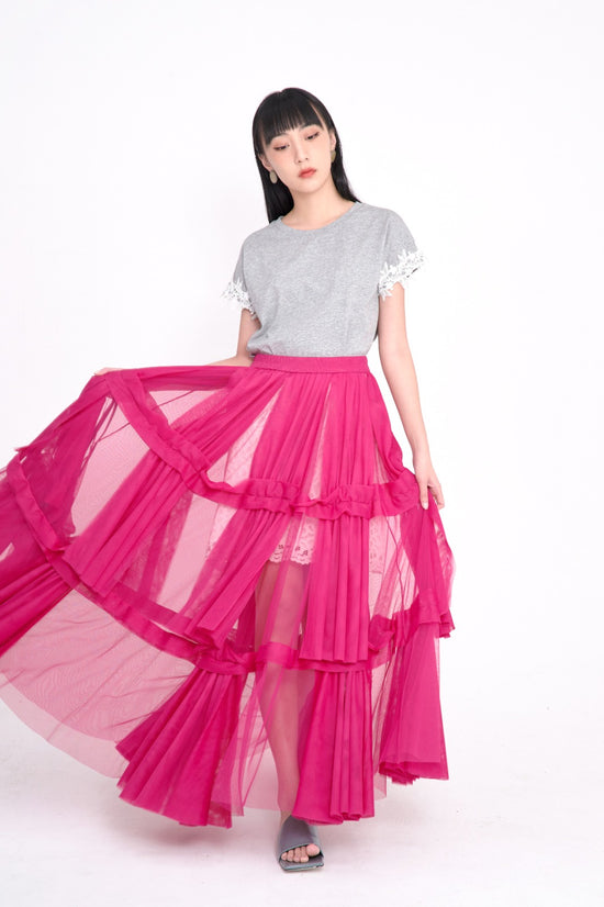 Load image into Gallery viewer, aalis YUA maxi mesh tier skirt (Magenta)
