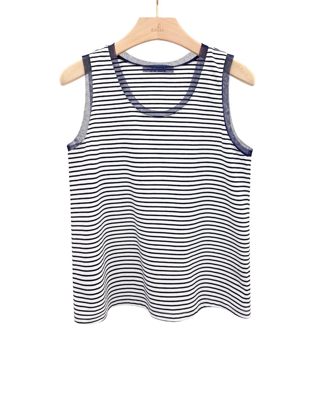 Load image into Gallery viewer, aalis ILO knit tank with mesh trim and lace panel (Navy stripe)
