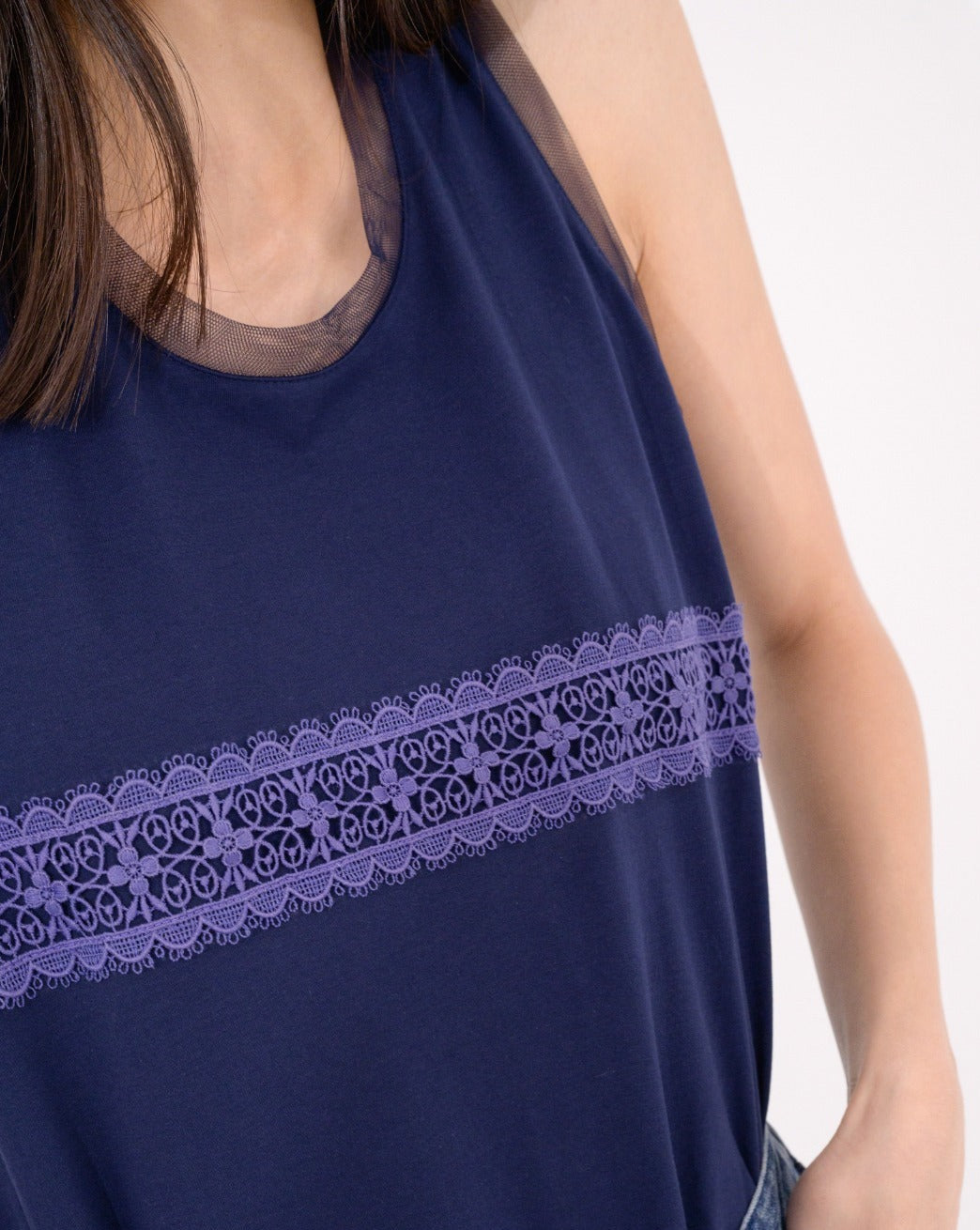 Load image into Gallery viewer, aalis ILO knit tank with mesh trim and lace panel (Navy lace)
