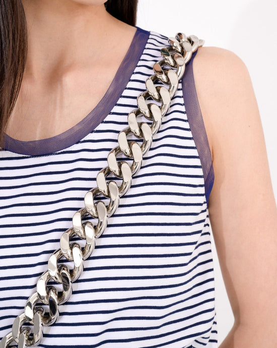 Load image into Gallery viewer, aalis ILO knit tank with mesh trim and lace panel (Navy stripe)
