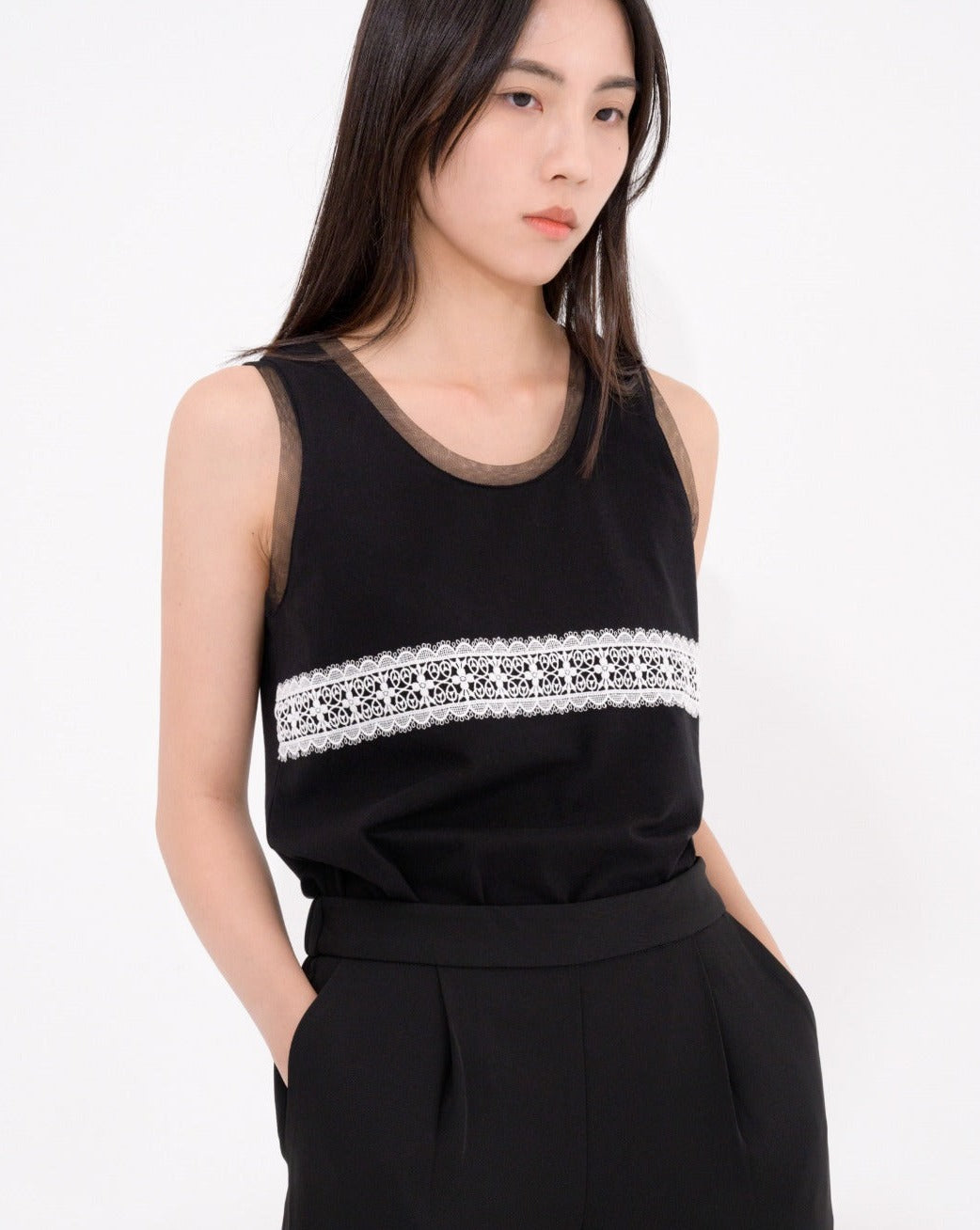 Load image into Gallery viewer, aalis ILO knit tank with mesh trim and lace panel (Black lace)
